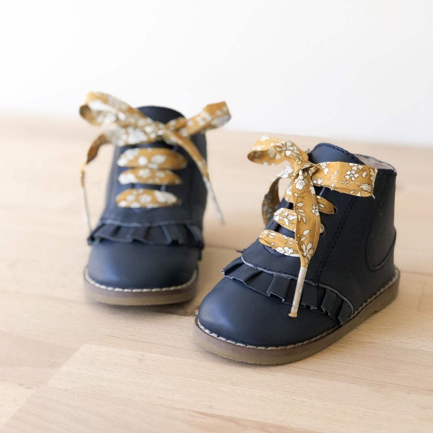 Navy kids boot with mustard shoelace - Sadie Baby 