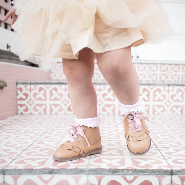 Kids tan boots with pink shoelaces and white frill socks from Sadie Baby 